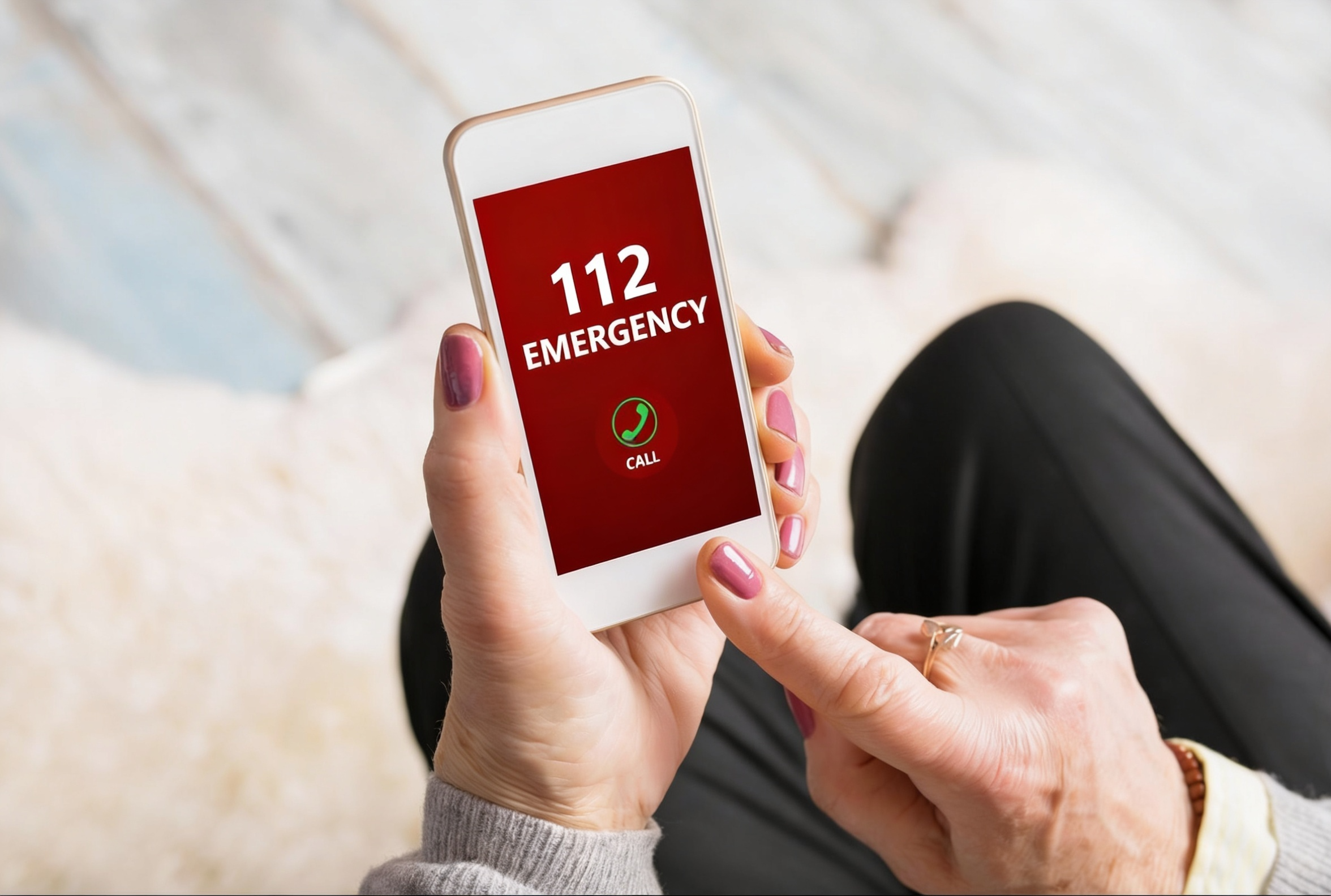 Parent holding phone showing emergency number 112 with Georgian flag in background representing emergency services for families in Georgia