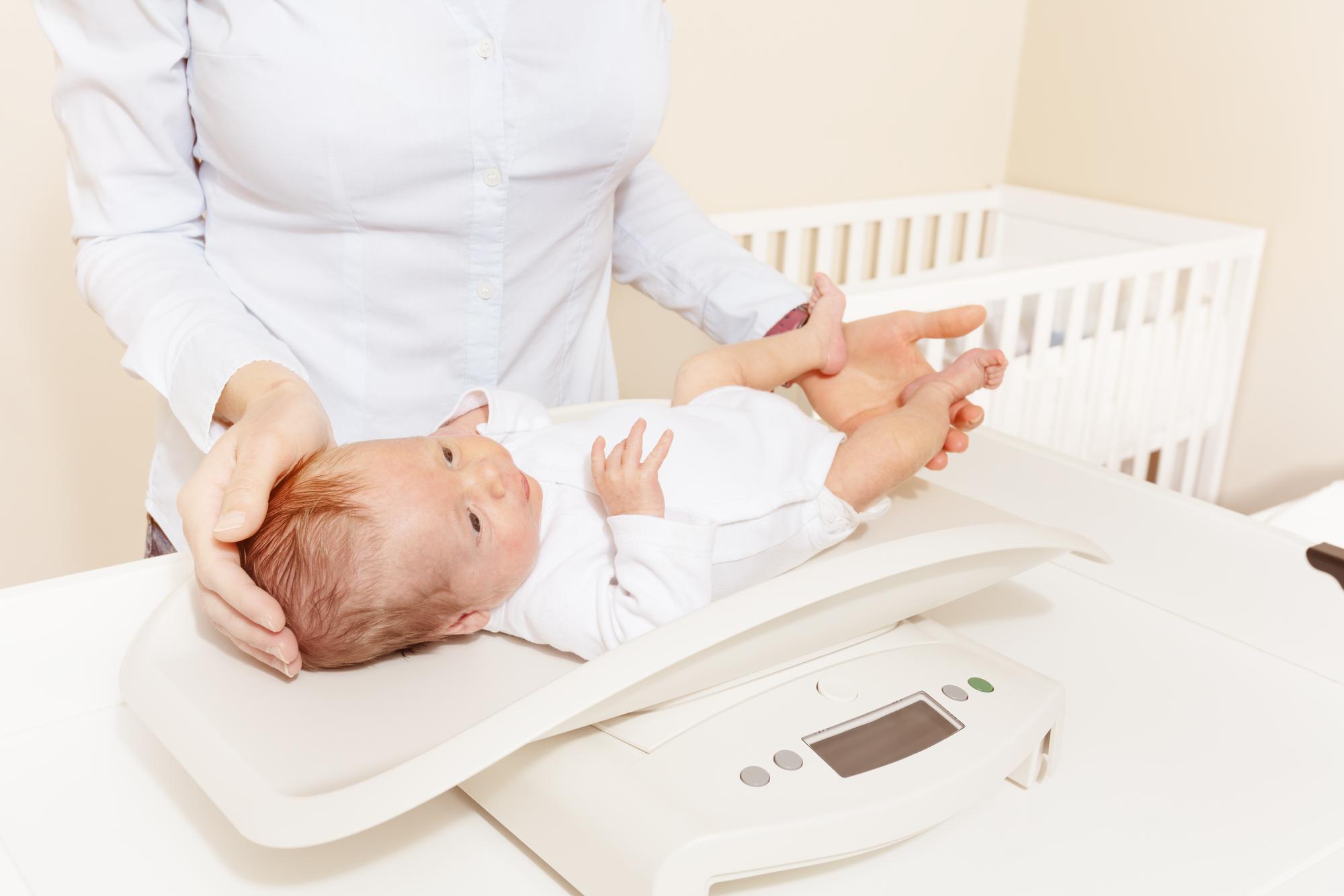 Pediatrician weighing newborn baby during home visit in Tbilisi for feeding assessment