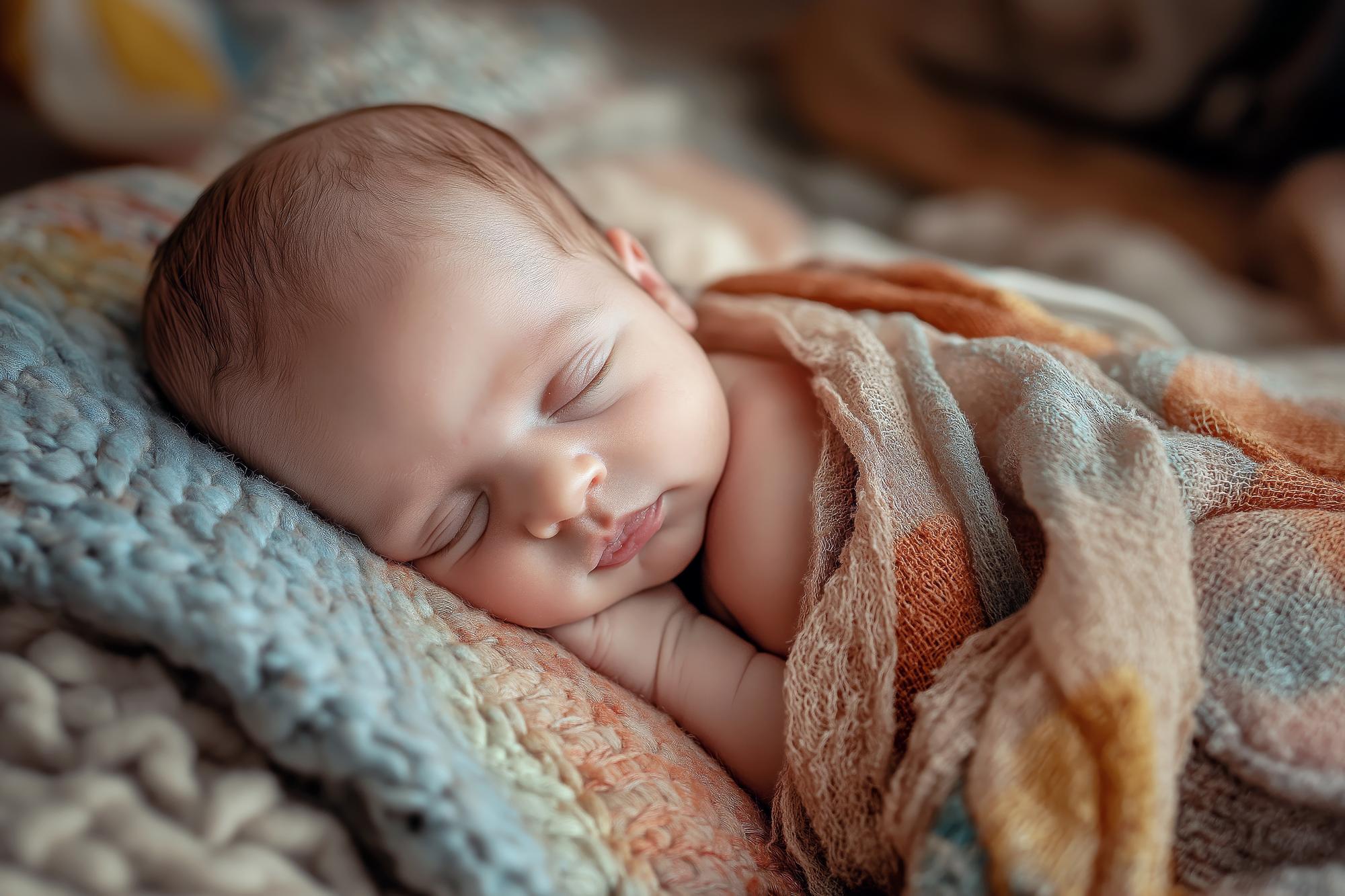 Cute newborn baby peacefully sleeping on a soft blanket wrapped in a pastelcolored swaddle