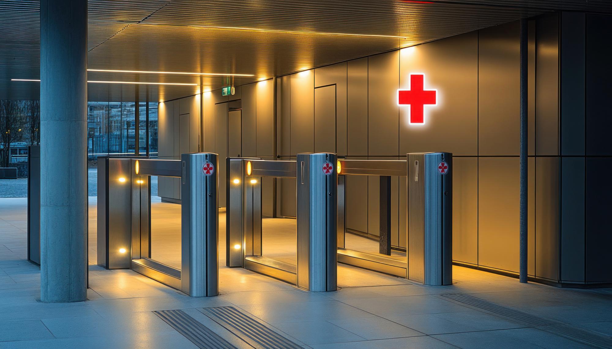 Modern emergency department entrance in Tbilisi with ambulance and medical signage