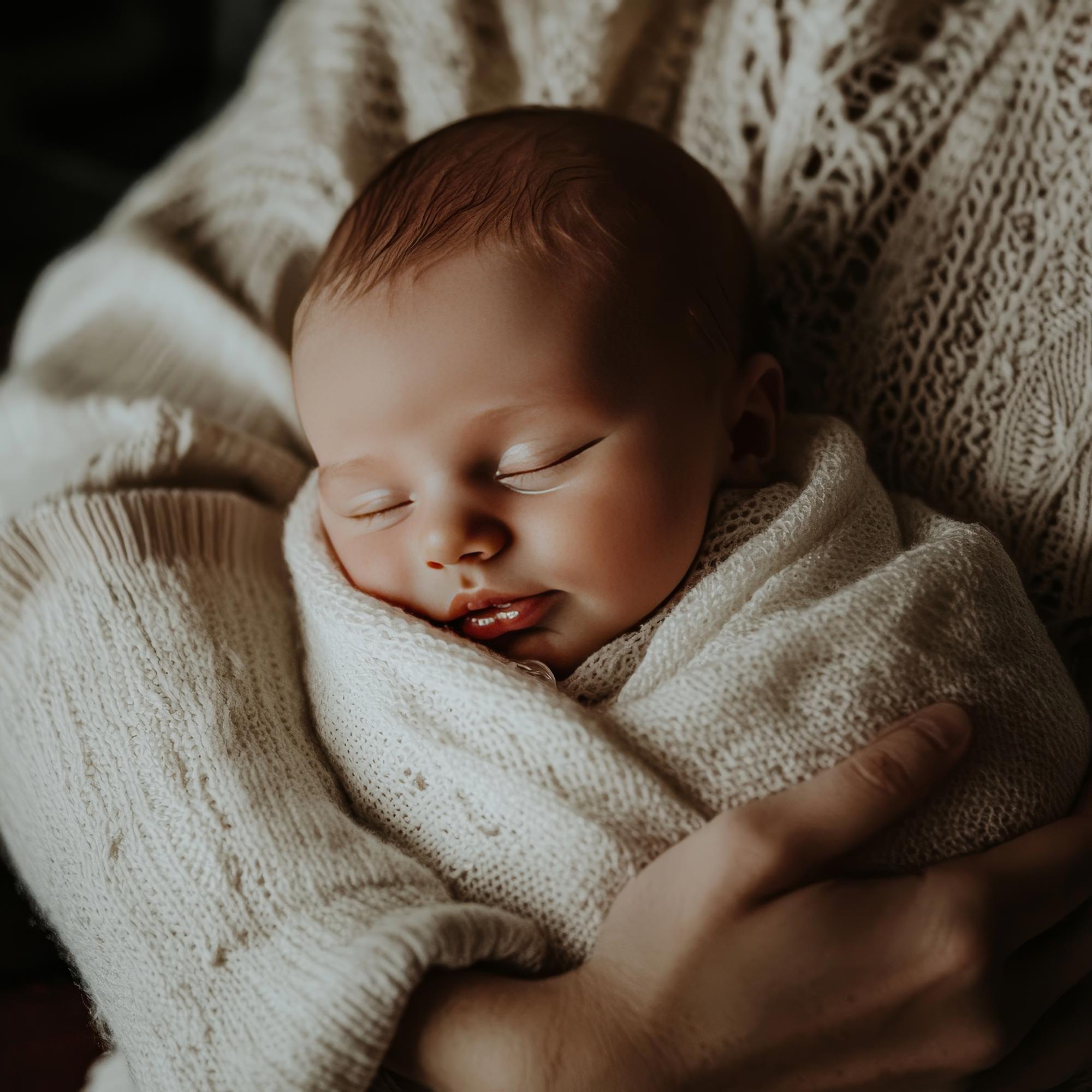 A baby wrapped in a blanket with a hand holding it